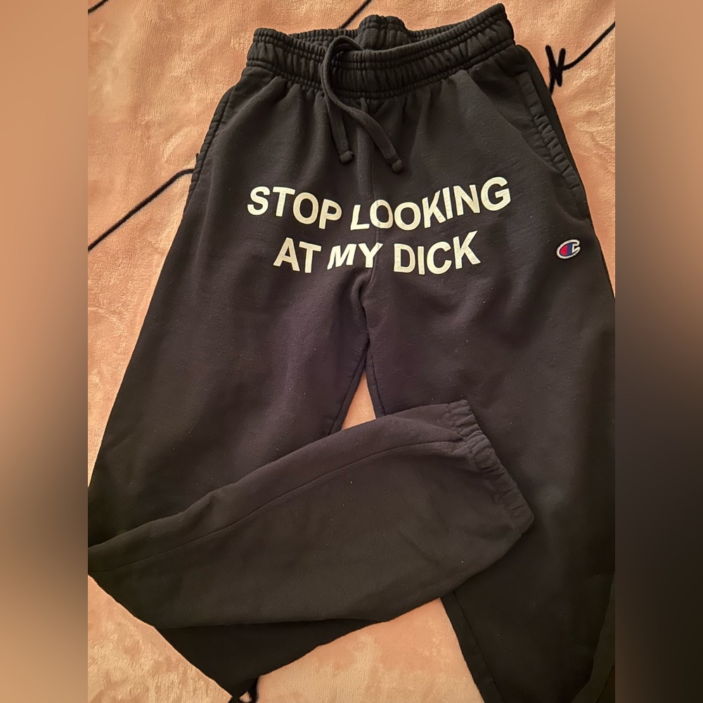 Champion X pizzaslime Black joggers “stop looking at my d***”
